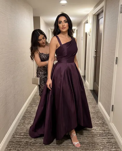 A woman in a floor-length plum satin gown in a hotel corridor while a friend adjusts the back.